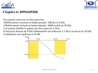 21FILTRES ANALOGIQUES
Chapitre 6: APPLICATION
On souhaite concevoir un filtre passe-bas.
Affaiblissement maximal en bande passante: 3dB de 0 à 8 kHz
Affaiblissement minimal en bande atténuée: 40dB au delà de 20 kHz.
Ceci permet d'établir le gabarit que doit respecter le filtre.
Il faut qu'en dessous de 8 kHz l'atténuatio0n soit inférieure à 3 dB et au dessus de 20 kHz
L’atténuation soit supérieure à 40 dB.
 