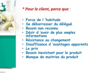 * Pour le client, parce que :
• Force de l ’habitude
• Se débarrasser du délégué
• Besoin non reconnu
• Désir d ’avoir de plus amples
informations
• Résistance au changement
• Insuffisance d ’avantages apparents
• Le prix
• Besoin inexistant pour le produit
• Manque de maitrise du produit
 