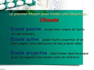 Le premier Moyen pour traiter une Objection :
L’écoute
• Ecoute passive : ne pas tenir compte de l’autre
et c’est entendre
• Ecoute active : laisser l’autre s’exprimer et en
tenir compte, faire abstraction de mes propres idées
• Ecoute projective : sélectionner dans les propos
ce qui correspond à mon propre cadre de référence
 