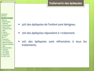  50% des épilepsies de l’enfant sont bénignes.
 70% des épilepsies répondent à 1 traitement.
 20% des épilepsies sont réfractaires à tous les
traitements.
Introduction
Définitions
Epidémiologie
Traitement:
I. Médicamenteux
1- Historique
2- Principe de base
3. Mode d’action
4- Critères de Choix
a- MAE:
b- Patients:
5- Prescription ?
Surveillance
effet II aire
d. Interactions
6- Les Indications
7. Mesures associées
8. Pharmaco résistance
II. Diète:
III. Neurostimulation
IV. Chirurgie
1- TRT Curatif
2- TRT Palliatif
VI. Mode de vie
VII. JNLF / 2014
 
