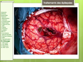 Introduction
Définitions
Epidémiologie
Traitement:
I. Médicamenteux
1- Historique
2- Principe de base
3. Mode d’action
4- Critères de Choix
a- MAE:
b- Patients:
5- Prescription
Surveillance
effet II aire
6- Les Indications
7. Mesures associées
8. Pharmaco résistance
II. Diète:
III. Neurostimulation
IV. Chirurgie
1- TRT Curatif
2- TRT Palliatif
VI. Mode de vie
VII. JNLF / 2014
 