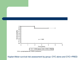 Kaplan-Meier survival risk assessment by group: CYC alone and CYC+PRED   
 