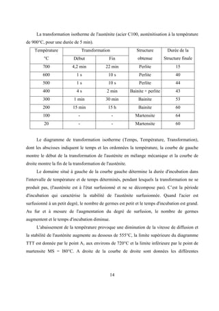 14
La transformation isotherme de l'austénite (acier C100, austénitisation à la température
de 900°C, pour une durée de 5 min).
Transformation
Température
°C Début Fin
Structure
obtenue
Durée de la
Structure finale
700 4,2 min 22 min Perlite 15
600 1 s 10 s Perlite 40
500 1 s 10 s Perlite 44
400 4 s 2 min Bainite + perlite 43
300 1 min 30 min Bainite 53
200 15 min 15 h Bainite 60
100 - - Martensite 64
20 - - Martensite 60
Le diagramme de transformation isotherme (Temps, Température, Transformation),
dont les abscisses indiquent le temps et les ordonnées la température, la courbe de gauche
montre le début de la transformation de l'austénite en mélange mécanique et la courbe de
droite montre la fin de la transformation de l'austénite.
Le domaine situé à gauche de la courbe gauche détermine la durée d'incubation dans
l'intervalle de température et de temps déterminés, pendant lesquels la transformation ne se
produit pas, (l'austénite est à l'état surfusionné et ne se décompose pas). C’est la période
d'incubation qui caractérise la stabilité de l'austénite surfusionnée. Quand l'acier est
surfusionné à un petit degré, le nombre de germes est petit et le temps d'incubation est grand.
Au fur et à mesure de l'augmentation du degré de surfusion, le nombre de germes
augmentent et le temps d'incubation diminue.
L'abaissement de la température provoque une diminution de la vitesse de diffusion et
la stabilité de l'austénite augmente au dessous de 555°C, la limite supérieure du diagramme
TTT est donnée par le point A1 aux environs de 720°C et la limite inférieure par le point de
martensite MS = l80°C. A droite de la courbe de droite sont données les différentes
 
