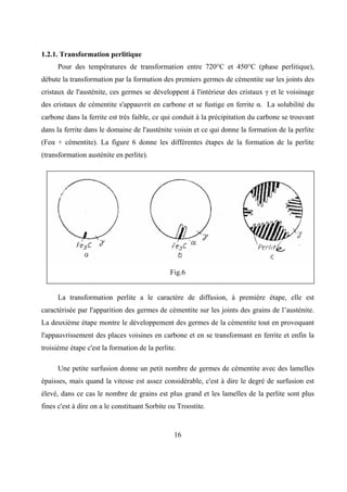 16
1.2.1. Transformation perlitique
Pour des températures de transformation entre 720°C et 450°C (phase perlitique),
débute la transformation par la formation des premiers germes de cémentite sur les joints des
cristaux de l'austénite, ces germes se développent à l'intérieur des cristaux γ et le voisinage
des cristaux de cémentite s'appauvrit en carbone et se fustige en ferrite α. La solubilité du
carbone dans la ferrite est très faible, ce qui conduit à la précipitation du carbone se trouvant
dans la ferrite dans le domaine de l'austénite voisin et ce qui donne la formation de la perlite
(Feα + cémentite). La figure 6 donne les différentes étapes de la formation de la perlite
(transformation austénite en perlite).
Fig.6
La transformation perlite a le caractère de diffusion, à première étape, elle est
caractérisée par l'apparition des germes de cémentite sur les joints des grains de l’austénite.
La deuxième étape montre le développement des germes de la cémentite tout en provoquant
l'appauvrissement des places voisines en carbone et en se transformant en ferrite et enfin la
troisième étape c'est la formation de la perlite.
Une petite surfusion donne un petit nombre de germes de cémentite avec des lamelles
épaisses, mais quand la vitesse est assez considérable, c'est à dire le degré de surfusion est
élevé, dans ce cas le nombre de grains est plus grand et les lamelles de la perlite sont plus
fines c'est à dire on a le constituant Sorbite ou Troostite.
 