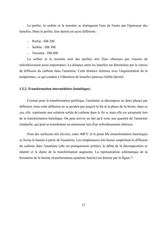 17
La perlite, la sorbite et la troostite se distinguent l'une de l'autre par l'épaisseur des
lamelles. Dans la perlite, leur dureté est aussi différente :
- Perlite : HB 200.
- Sorbite : HB 300.
- Troostite : HB 400.
La sorbite et la troostite sont des perlites très fines obtenues par vitesses de
refroidissement assez importantes. La distance entre les lamelles est déterminée par la vitesse
de diffusion du carbone dans l'austénite. Cette distance diminue avec l'augmentation de la
température, ce qui conduit à l'obtention de lamelles épaisses (faible dureté).
1.2.2. Transformation intermédiaire (bainitique)
Comme pour la transformation perlitique, l'austénite se décompose en deux phases par
diffusion, mais cette diffusion ne se produit pas jusqu'à la fin et la phase de la ferrite, dans ce
cas, elle représente une solution solide de carbone dans le fer α, mais elle est sursaturée lors
de la transformation bainitique. On peut arriver au fait qu'il reste une quantité de l'austénite
résiduelle, qui peut se transformer en martensite lors d'un refroidissement ultérieur.
Pour des surfusion très élevées, entre 400°C et le point Ms (transformation bainitique)
se forme la bainite à partir de l'austénite. Les températures très basses empêchent la diffusion
du carbone dans l'austénite (elle est pratiquement arrêtée), le début de la décomposition se
ralentit et la durée de la transformation augmente. La représentation schématique de la
formation de la bainite (transformation austénite bainite) est donnée par la figure 7.
 