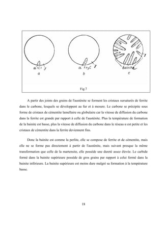 18
Fig.7
A partir des joints des grains de l'austénite se forment les cristaux sursaturés de ferrite
dans le carbone, lesquels se développent au fur et à mesure. Le carbone se précipite sous
forme de cristaux de cémentite lamellaire ou globulaire car la vitesse de diffusion du carbone
dans la ferrite est grande par rapport à celle de l'austénite. Plus la température de formation
de la bainite est basse, plus la vitesse de diffusion du carbone dans le réseau α est petite et les
cristaux de cémentite dans la ferrite deviennent fins.
Donc la bainite est comme la perlite, elle se compose de ferrite et de cémentite, mais
elle ne se forme pas directement à partir de l'austénite, mais suivant presque la même
transformation que celle de la martensite, elle possède une dureté assez élevée. Le carbide
formé dans la bainite supérieure possède de gros grains par rapport à celui formé dans la
bainite inférieure. La bainite supérieure est moins dure malgré sa formation à la température
basse.
 