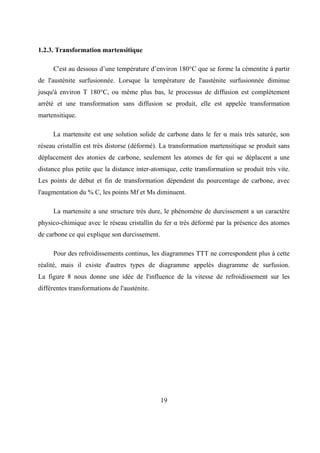 19
1.2.3. Transformation martensitique
C'est au dessous d’une température d’environ 180°C que se forme la cémentite à partir
de l'austénite surfusionnée. Lorsque la température de l'austénite surfusionnée diminue
jusqu'à environ T 180°C, ou même plus bas, le processus de diffusion est complètement
arrêté et une transformation sans diffusion se produit, elle est appelée transformation
martensitique.
La martensite est une solution solide de carbone dans le fer α mais très saturée, son
réseau cristallin est très distorse (déformé). La transformation martensitique se produit sans
déplacement des atonies de carbone, seulement les atomes de fer qui se déplacent a une
distance plus petite que la distance inter-atomique, cette transformation se produit très vite.
Les points de début et fin de transformation dépendent du pourcentage de carbone, avec
l'augmentation du % C, les points Mf et Ms diminuent.
La martensite a une structure très dure, le phénomène de durcissement a un caractère
physico-chimique avec le réseau cristallin du fer α très déformé par la présence des atomes
de carbone ce qui explique son durcissement.
Pour des refroidissements continus, les diagrammes TTT ne correspondent plus à cette
réalité, mais il existe d'autres types de diagramme appelés diagramme de surfusion.
La figure 8 nous donne une idée de l'influence de la vitesse de refroidissement sur les
différentes transformations de l'austénite.
 