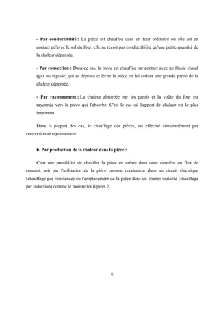 6
- Par conductibilité : La pièce est chauffée dans un four ordinaire où elle est en
contact qu'avec le sol du four, elle ne reçoit par conductibilité qu'une petite quantité de
la chaleur dépensée.
- Par convection : Dans ce cas, la pièce est chauffée par contact avec un fluide chaud
(gaz ou liquide) qui se déplace et lèche la pièce en lui cédant une grande partie de la
chaleur dépensée.
- Par rayonnement : La chaleur absorbée par les parois et la voûte du four est
rayonnée vers la pièce qui l'absorbe. C'est le cas où l'apport de chaleur est le plus
important.
Dans la plupart des cas, le chauffage des pièces, est effectué simultanément par
convection et rayonnement.
b. Par production de la chaleur dans la pièce :
C'est une possibilité de chauffer la pièce en créant dans cette dernière un flux de
courant, soit par l'utilisation de la pièce comme conducteur dans un circuit électrique
(chauffage par résistance) ou l'emplacement de la pièce dans un champ variable (chauffage
par induction) comme le montre les figures 2.
 