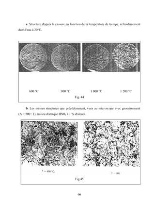 66
a. Structure d'après la cassure en fonction de la température de trempe, refroidissement
dans l'eau à 20°C.
600 °C 800 °C 1 000 °C 1 200 °C
Fig. 44
b. Les mêmes structures que précédemment, vues au microscope avec grossissement
(A = 500 : 1), milieu d'attaque HN03 à 1 % d'alcool.
Fig.45
 