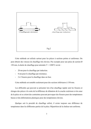 7
Fig.2
Cette méthode est utilisée surtout pour les pièces à sections petites et uniformes. On
peut obtenir des vitesses de chauffage très élevées. Par exemple pour une pièce de section Ø
150 mm, la durée de chauffage pour atteindre T = 1200°C est de :
- 20 mn pour le chauffage par induction.
- 8 mn pour le chauffage par résistance.
- 2 à 3 heures pour le chauffage dans un four.
Cette méthode est rentable seulement pour des sections inférieures à 150 mm.
Les difficultés qui peuvent se présenter lors d'un chauffage rapide sont les fissures et
étirages des pièces à la suite de la différence de dilatation de la couche extérieure et du cœur
de la pièce où se créent des contraintes pouvant provoquer des fissures pour des températures
basses et des déformations plastiques pour des températures élevées.
Quelque soit le procédé de chauffage utilisé, il existe toujours une différence de
température dans les différentes parties de la pièce. Répartition de la chaleur non uniforme.
 