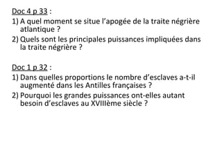 Doc 4 p 33 :
1) A quel moment se situe l’apogée de la traite négrière
atlantique ?
2) Quels sont les principales puissances impliquées dans
la traite négrière ?
Doc 1 p 32 :
1) Dans quelles proportions le nombre d’esclaves a-t-il
augmenté dans les Antilles françaises ?
2) Pourquoi les grandes puissances ont-elles autant
besoin d’esclaves au XVIIIème siècle ?
 