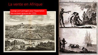 Luango port portugais pour l’exportation
des esclaves (gravure de 1725).
La vente en Afrique
 