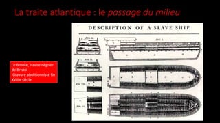 La traite atlantique : le passage du milieu
Le Brooke, navire négrier
de Bristol
Gravure abolitionniste fin
XVIIIe siècle
 