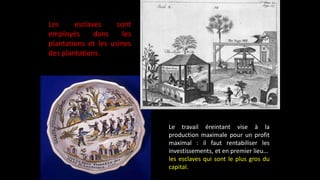 Les esclaves sont
employés dans les
plantations et les usines
des plantations.
Le travail éreintant vise à la
production maximale pour un profit
maximal : il faut rentabiliser les
investissements, et en premier lieu…
les esclaves qui sont le plus gros du
capital.
 