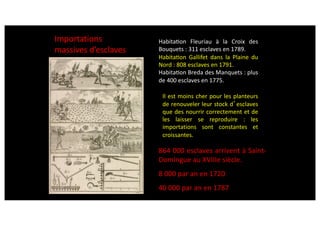 HabitaIon Fleuriau à la Croix des
Bouquets : 311 esclaves en 1789.
HabitaIon Gallifet dans la Plaine du
Nord : 808 esclaves en 1791.
HabitaIon Breda des Manquets : plus
de 400 esclaves en 1775.
Importations
massives d’esclaves
864 000 esclaves arrivent à Saint-
Domingue au XVIIIe siècle.
8 000 par an en 1720
40 000 par an en 1787
Il est moins cher pour les planteurs
de renouveler leur stock d’esclaves
que des nourrir correctement et de
les laisser se reproduire : les
importations sont constantes et
croissantes.
 