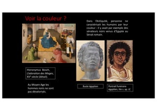 Voir la couleur ? Dans l’Antiquité, personne ne
caractérisait les humains par leur
couleur : il y avait par exemple des
sénateurs noirs venus d’Egypte au
Sénat romain.
Hieronymus Bosch,
L’adora/on des Mages,
XVe
siècle (détail).
Portrait funéraire
égyp0en, IIIe s. ap. JC
Au Moyen-Age les
hommes noirs ne sont
pas dévalorisés.
Buste égyptien
 