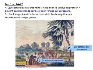 Doc 1 p. 24-25
4. Qui capture les esclaves noirs ? A qui sont-ils vendus en premier ?
Ce sont des marchands noirs. Ils sont vendus aux européens.
5. Sur l'image, identifie les acteurs de la traite négrières en
reconnaissant chaque groupe.
1
2
Les marchands noirs
Les bateaux des
européens
 