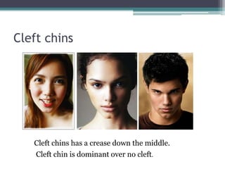 Cleft chins




   Cleft chins has a crease down the middle.
   Cleft chin is dominant over no cleft.
 