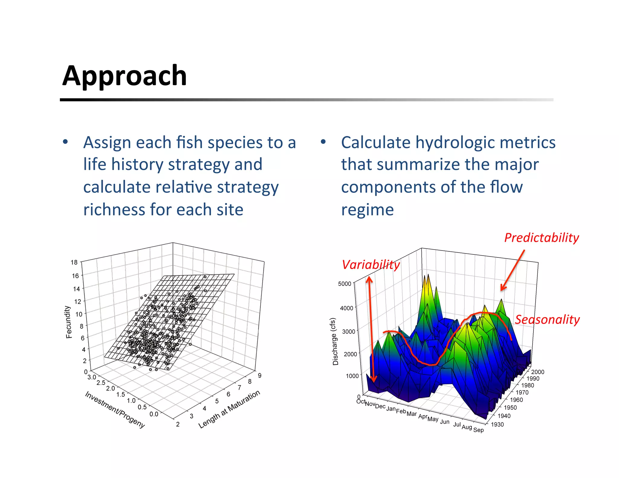 Approach	
  
•  Assign	
  each	
  ﬁsh	
  species	
  to	
  a	
  
life	
  history	
  strategy	
  and	
  
calculate	
  rela,ve	
  strategy	
  	
  
richness	
  for	
  each	
  site	
  
•  Calculate	
  hydrologic	
  metrics	
  
that	
  summarize	
  the	
  major	
  
components	
  of	
  the	
  ﬂow	
  
regime	
  	
  
Predictability	
  
Variability	
  
Seasonality	
  
 