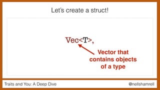 Traits and You: A Deep Dive @nellshamrell
Let’s create a struct!
Vec<T>,
Vector that
contains objects
of a type
 