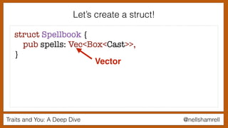 Traits and You: A Deep Dive @nellshamrell
Let’s create a struct!
struct Spellbook {
pub spells: Vec<Box<Cast>>,
}
Vector
 