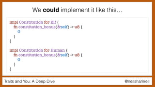 Traits and You: A Deep Dive @nellshamrell
We could implement it like this…
impl Constitution for Elf {
fn constitution_bonus(&self) -> u8 {
0
}
}
impl Constitution for Human {
fn constitution_bonus(&self) -> u8 {
0
}
}
 