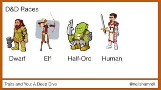@nellshamrellTraits and You: A Deep Dive
D&D Races
Dwarf Elf Half-Orc Human
 
