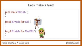 Traits and You: A Deep Dive @nellshamrell
Let’s make a trait!
pub trait Elvish {
}
impl Elvish for Elf {
}
impl Elvish for HalfElf {
}
 
