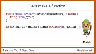 Traits and You: A Deep Dive @nellshamrell
pub fn speak_elvish<T: Elvish>(character: T) -> String {
String::from(“yes”)
}
let my_half_elf = HalfElf { name: String::from(“NellElf”) };
Elvish
Let’s make a function!
 