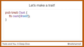 Traits and You: A Deep Dive @nellshamrell
Let’s make a trait!
pub trait Cast {
fn cast(&self);
}
 