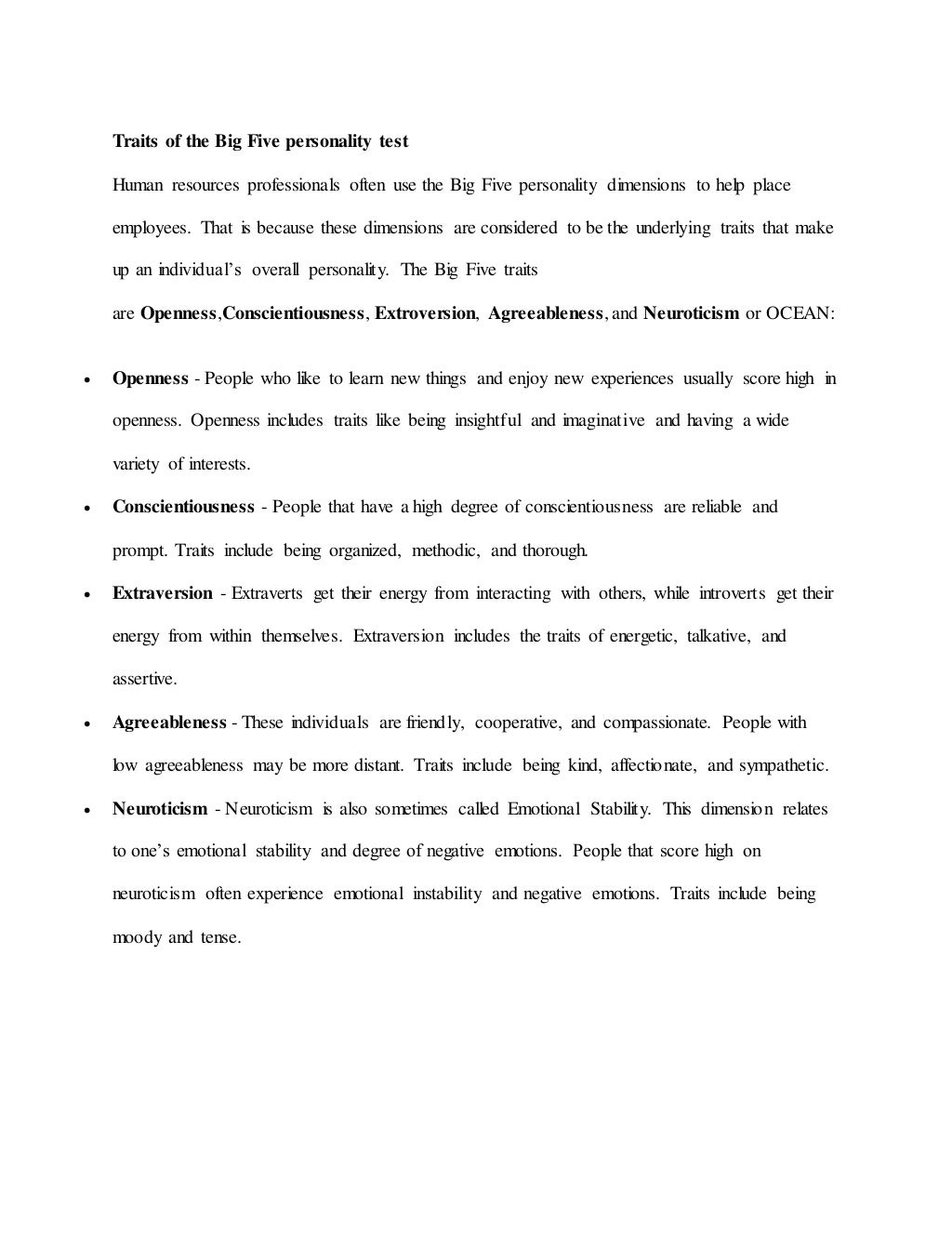 Traits Of The Big Five Personality Test