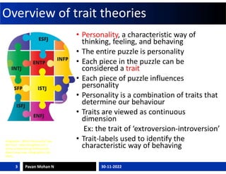 Overview of trait theories
• Personality, a characteristic way of
thinking, feeling, and behaving
• The entire puzzle is p...