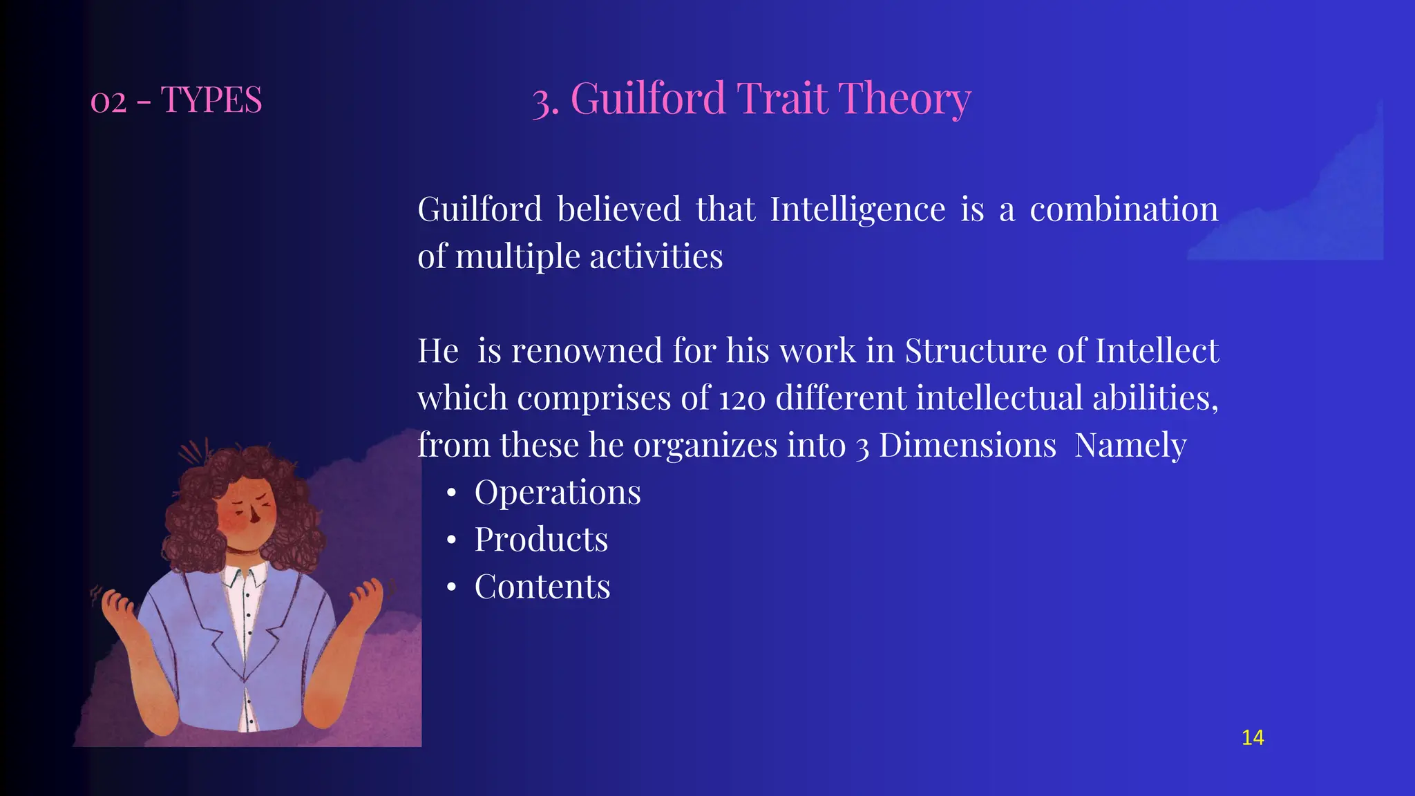 02 - TYPES
Guilford believed that Intelligence is a combination
of multiple activities
He is renowned for his work in Structure of Intellect
which comprises of 120 different intellectual abilities,
from these he organizes into 3 Dimensions Namely
• Operations
• Products
• Contents
3. Guilford Trait Theory
14
 