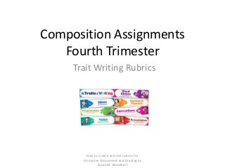 Composition Assignments
   Fourth Trimester
     Trait Writing Rubrics




         How to Create and Use rubrics for
       Formative Assessment and Grading by
               Susan M. Brookhart
 