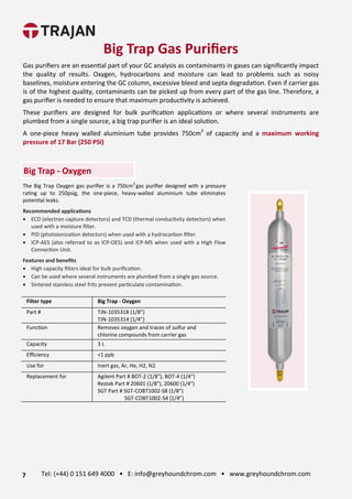 The Big Trap Oxygen gas puriﬁer is a 750cm3
gas puriﬁer designed with a pressure
ra>ng up to 250psig, the one-piece, heavy-walled aluminium tube eliminates
poten>al leaks.
Recommended applica ons
• ECD (electron capture detectors) and TCD (thermal conduc>vity detectors) when
used with a moisture ﬁlter.
• PID (photoioniza>on detectors) when used with a hydrocarbon ﬁlter.
• ICP-AES (also referred to as ICP-OES) and ICP-MS when used with a High Flow
Connec>on Unit.
Features and beneﬁts
• High capacity ﬁlters ideal for bulk puriﬁca>on.
• Can be used where several instruments are plumbed from a single gas source.
• Sintered stainless steel frits prevent par>culate contamina>on.
Filter type Big Trap - Oxygen
Part # TJN-1035318 (1/8")
TJN-1035314 (1/4")
Func>on Removes oxygen and traces of sulfur and
chlorine compounds from carrier gas
Capacity 3 L
Eﬃciency <1 ppb
Use for Inert gas, Ar, He, H2, N2
Replacement for Agilent Part # BOT-2 (1/8"), BOT-4 (1/4")
Restek Part # 20601 (1/8"), 20600 (1/4")
SGT Part # SGT-COBT1002-S8 (1/8”)
SGT-COBT1002-S4 (1/4”)
Big Trap - Oxygen
Big Trap Gas Puriﬁers
Gas puriﬁers are an essen>al part of your GC analysis as contaminants in gases can signiﬁcantly impact
the quality of results. Oxygen, hydrocarbons and moisture can lead to problems such as noisy
baselines, moisture entering the GC column, excessive bleed and septa degrada>on. Even if carrier gas
is of the highest quality, contaminants can be picked up from every part of the gas line. Therefore, a
gas puriﬁer is needed to ensure that maximum produc>vity is achieved.
These puriﬁers are designed for bulk puriﬁca>on applica>ons or where several instruments are
plumbed from a single source, a big trap puriﬁer is an ideal solu>on.
A one-piece heavy walled aluminium tube provides 750cm3
of capacity and a maximum working
pressure of 17 Bar (250 PSI)
7 Tel: (+44) 0 151 649 4000 • E: info@greyhoundchrom.com • www.greyhoundchrom.com
 
