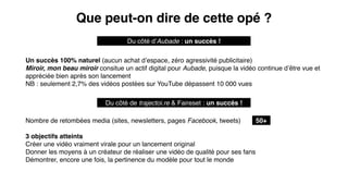 Que peut-on dire de cette opé ?
Du côté d’Aubade : un succès !
Un succès 100% naturel (aucun achat d’espace, zéro agressivité publicitaire)
Miroir, mon beau miroir consitue un actif digital pour Aubade, puisque la vidéo continue d’être vue et
appréciée bien après son lancement
NB : seulement 2,7% des vidéos postées sur YouTube dépassent 10 000 vues
Du côté de trajectoi.re & Faireset : un succès !
50+Nombre de retombées media (sites, newsletters, pages Facebook, tweets)
3 objectifs atteints
Créer une vidéo vraiment virale pour un lancement original
Donner les moyens à un créateur de réaliser une vidéo de qualité pour ses fans
Démontrer, encore une fois, la pertinence du modèle pour tout le monde
 