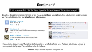 Sentiment*
L’analyse des commentaires montre à la fois l’engouement des spectateurs, leur attachement au personnage
de Faireset et également leur attachement à la marque.
L’association des univers d’Aubade et de Faireset crée une forte afﬁnité avec Aubade, à la fois au sein de la
communauté de fans de Faireset et de celle de Aubade.
Les internautes plébiscitent spontanément un contenu de marque !
*Sentiment : Ce qu’il ressort du dispositif via l’engagement créé
 