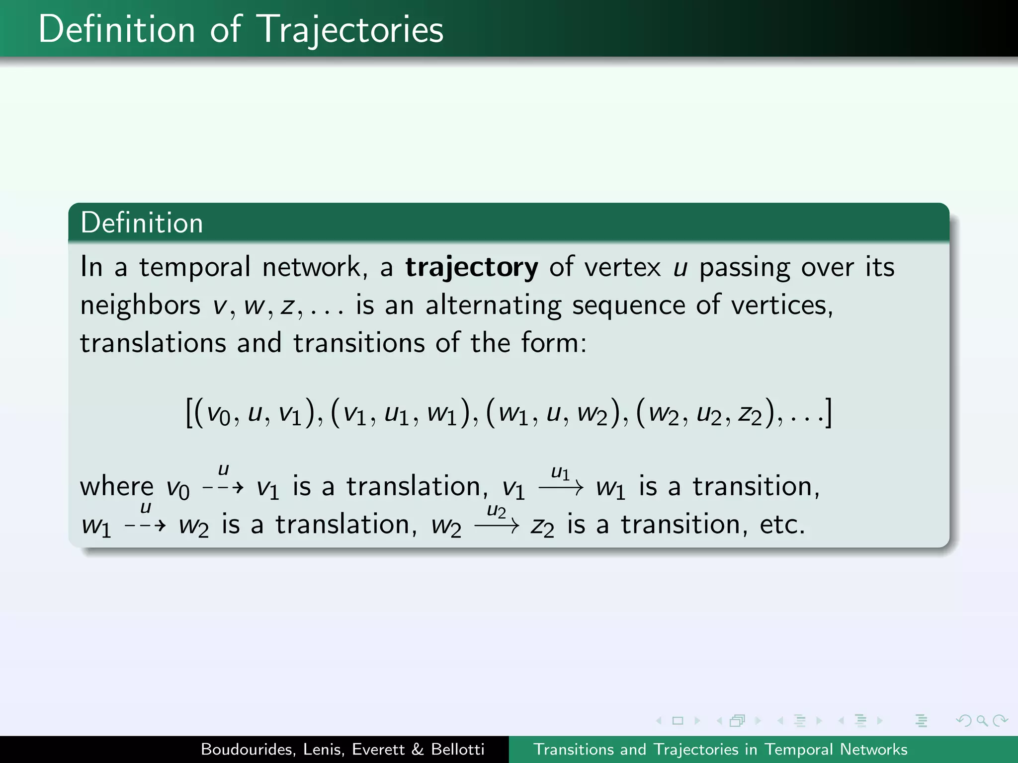 Deﬁnition of Trajectories
Deﬁnition
In a temporal network, a trajectory of vertex u passing over its
neighbors v, w, z, . . . is an alternating sequence of vertices,
translations and transitions of the form:
[(v0, u, v1), (v1, u1, w1), (w1, u, w2), (w2, u2, z2), . . .]
where v0
u
v1 is a translation, v1
u1
−→ w1 is a transition,
w1
u
w2 is a translation, w2
u2
−→ z2 is a transition, etc.
Boudourides, Lenis, Everett & Bellotti Transitions and Trajectories in Temporal Networks
 