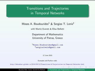 Transitions and Trajectories
in Temporal Networks
Moses A. Boudourides1 & Sergios T. Lenis2
with Martin Everett & Elisa Bellotti
Department of Mathematics
University of Patras, Greece
1Moses.Boudourides@gmail.com
2sergioslenis@gmail.com
12 June 2015
Examples and Python code:
http://mboudour.github.io/2015/06/12/Transitions-&-Trajectories-in-Temporal-Networks.html
Boudourides, Lenis, Everett & Bellotti Transitions and Trajectories in Temporal Networks
 