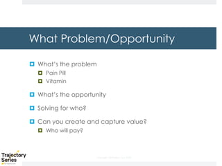 Copyright, DKParker, LLC 2020
What Problem/Opportunity
¤ What’s the problem
¤ Pain Pill
¤ Vitamin
¤ What’s the opportunity
¤ Solving for who?
¤ Can you create and capture value?
¤ Who will pay?
 