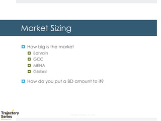 Copyright, DKParker, LLC 2020
Market Sizing
¤ How big is the market
¤ Bahrain
¤ GCC
¤ MENA
¤ Global
¤ How do you put a BD amount to it?
 