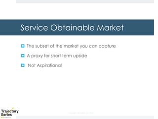 Copyright, DKParker, LLC 2020
Service Obtainable Market
¤ The subset of the market you can capture
¤ A proxy for short term upside
¤ Not Aspirational
 