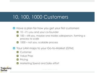 Copyright, DKParker, LLC 2020
10, 100, 1000 Customers
¤ Have a plan for how you get your first customers
¤ 10 – it’s you and your co-founder
¤ 100 – still you, maybe one insides salesperson, forming a
process to scale
¤ 1000 – not you, scalable process
¤ Your LAM maps to your Go-to-Market (GTM)
¤ Customer
¤ Value Prop
¤ Pricing
¤ Marketing Spend and Sales effort
 