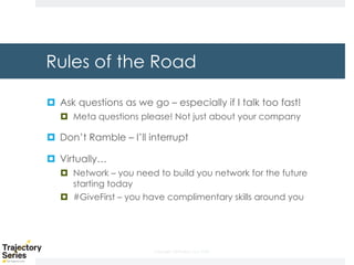 Copyright, DKParker, LLC 2020
Rules of the Road
¤ Ask questions as we go – especially if I talk too fast!
¤ Meta questions please! Not just about your company
¤ Don’t Ramble – I’ll interrupt
¤ Virtually…
¤ Network – you need to build you network for the future
starting today
¤ #GiveFirst – you have complimentary skills around you
 