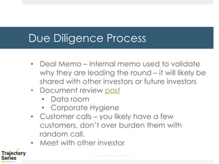 Copyright, DKParker, LLC 2020
Due Diligence Process
• Deal Memo – internal memo used to validate
why they are leading the round – it will likely be
shared with other investors or future investors
• Document review post
• Data room
• Corporate Hygiene
• Customer calls – you likely have a few
customers, don’t over burden them with
random call.
• Meet with other investor
 