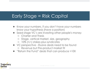 Copyright, DKParker, LLC 2020
Early Stage = Risk Capital
● Know your numbers, if you don’t have your numbers
know your hypothesis (have a position)
● Seed stage VC’s are investing other people's money
○ Charter and Thesis
○ Stage, vertical market, size, geography
○ 10% (+/-) stakes plus syndicates
● VC perspective - Elusive deals need to be found
○ Revenue but Pre-product market fit
● ”Return the Fund” deals that can produce >10X
 