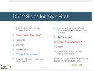 Copyright, DKParker, LLC 2020
10/12 Slides for Your Pitch
1. Title, Value Proposition,
Contact Info
2. Presentation Overview*
3. Problem
4. Solution
5. Market Size
6. Competitive Analysis*
7. Traction/Timing – why you,
why now?
8. Product Roadmap/Demo
How You Make Money/Key
Metrics
9. Go-To-Market
10. Secret Sauce/Moat/IP*
11. Team
12. Clear Ask/What do you
need from Flat6
*for conf room pitch. Supporting
Slides – Architecture, etc.
Blog Post
 