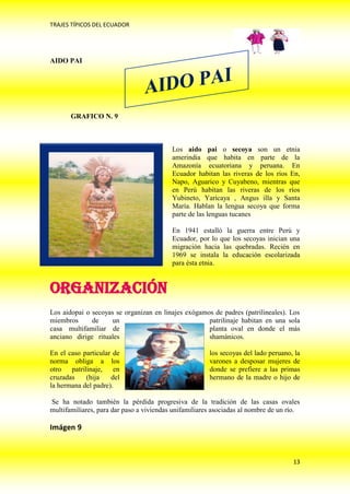 TRAJES TÍPICOS DEL ECUADOR




AIDO PAI




       GRAFICO N. 9



                                          Los aido pai o secoya son un etnia
                                          amerindia que habita en parte de la
                                          Amazonía ecuatoriana y peruana. En
                                          Ecuador habitan las riveras de los ríos En,
                                          Napo, Aguarico y Cuyabeno, mientras que
                                          en Perú habitan las riveras de los ríos
                                          Yubineto, Yaricaya , Angus illa y Santa
                                          María. Hablan la lengua secoya que forma
                                          parte de las lenguas tucanes

                                          En 1941 estalló la guerra entre Perú y
                                          Ecuador, por lo que los secoyas inician una
                                          migración hacia las quebradas. Recién en
                                          1969 se instala la educación escolarizada
                                          para ésta etnia.


Organización
Los aidopai o secoyas se organizan en linajes exógamos de padres (patrilineales). Los
miembros      de    un                               patrilinaje habitan en una sola
casa multifamiliar de                                planta oval en donde el más
anciano dirige rituales                              shamánicos.

En el caso particular de                               los secoyas del lado peruano, la
norma obliga a los                                     varones a desposar mujeres de
otro patrilinaje, en                                   donde se prefiere a las primas
cruzadas    (hija    del                               hermano de la madre o hijo de
la hermana del padre).

Se ha notado también la pérdida progresiva de la tradición de las casas ovales
multifamiliares, para dar paso a viviendas unifamiliares asociadas al nombre de un río.

Imágen 9



                                                                                    13
 