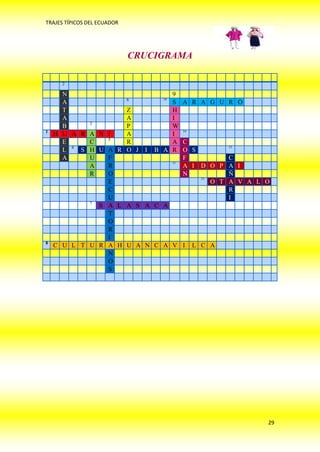 TRAJES TÍPICOS DEL ECUADOR




                             CRUCIGRAMA

      2

      N                        9
                    6       10
      A                        S     A R A G U R O
      T             Z          H
      A             A          I
            3
      B             P          W
1                                    14
    H U A R A N I   A          I
                5
      E     C       R          A     C
      L 4 S H U A R O J I B A R
                                                12
                                     O S
      A     U   F                    F          C
                               11
            A   R                    A I D O P A I
            R   O                    N          Ñ
                                         13
                E                           O T A V A L O
                C                               R
                U                               I
            7
              S A L A S A C A
                T
                O
                R
                I
8
    C U L T U R A H U A N C A V      I    L C A
                N
                O
                S




                                                        29
 