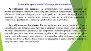 Como nós aprendemos? Como podemos ensinar?
Aprendizagem por recepção: A aprendizagem por recepção costuma ser
predominantemente, verbal ou visual. Enquanto processo experimentado pelos Sujeitos-
educandos, uma aprendizagem por recepção pode ser mecânica ou significativa. Na
mecânica prevalece a memorização, enquanto que, na significativa, predomina a
compreensão (conferindo-se sentido e significado ao que é aprendido)
Aprendizagem por descoberta: Em sua teoria, um aspecto a ser destacado é que o
aprendizado é um processo ativo pelo qual o aprendiz constrói novas ideias tendo como
base seus conhecimentos passados, o que lhe permite formular hipóteses e tomar decisões
contando, para isto, com suas estruturas cognitivas. São elas que permitem ao sujeito
buscar mais informações além daquelas já oferecidas pelos professores ou das que
encontra em livros e textos. Nessa busca ele redescobre o conhecimento, e estabelece
relações com o saber, com autonomia.
 